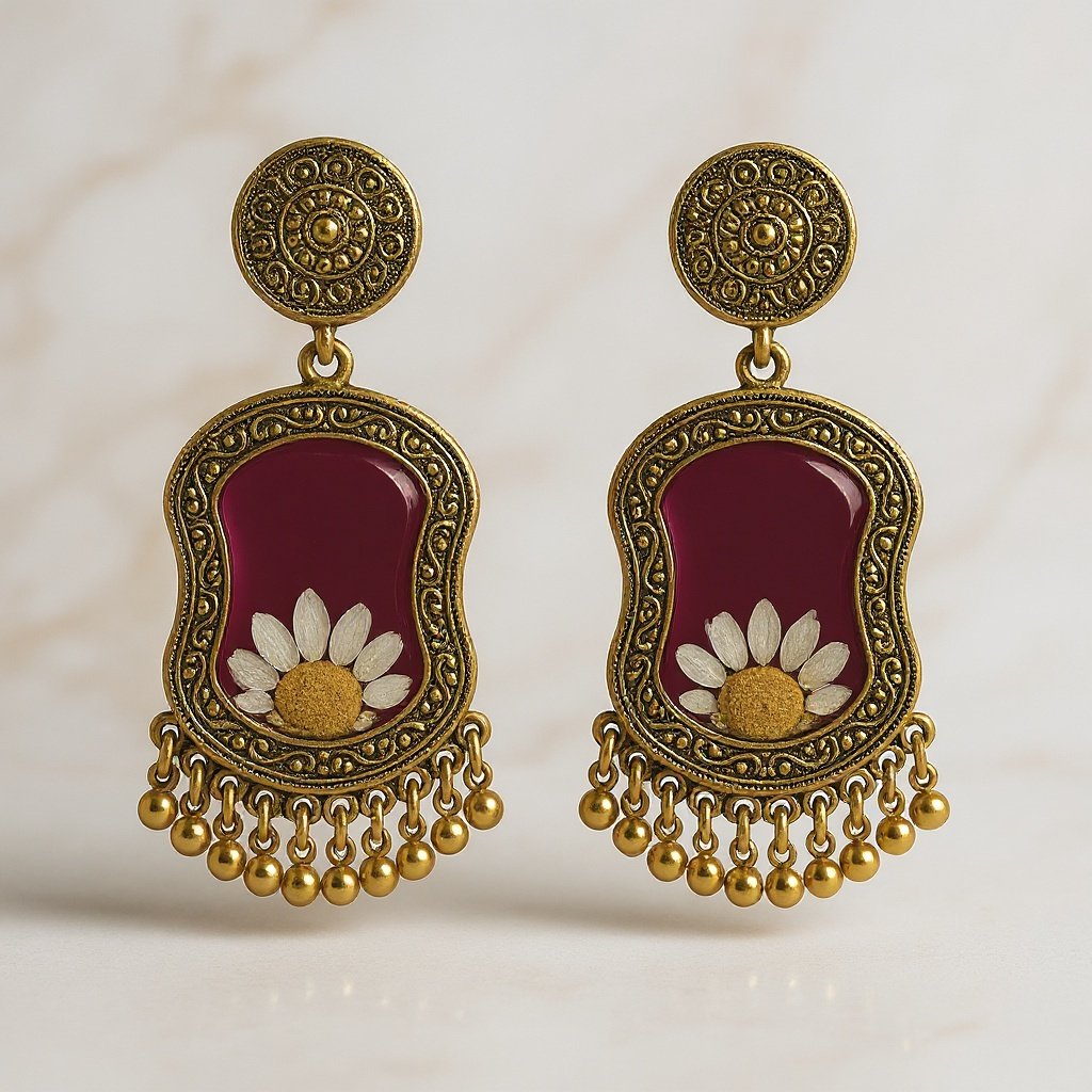 Handmade Resin Earrings with Golden Frame & Floral Design – Trioova Jewelry