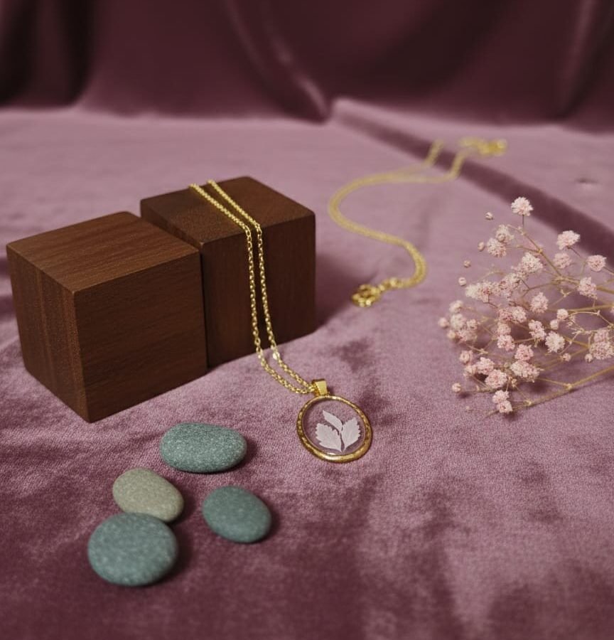 Elegant Minimal Resin Pendant Jewelry with Original Dried Flower & Gold Chain (Oval Design)