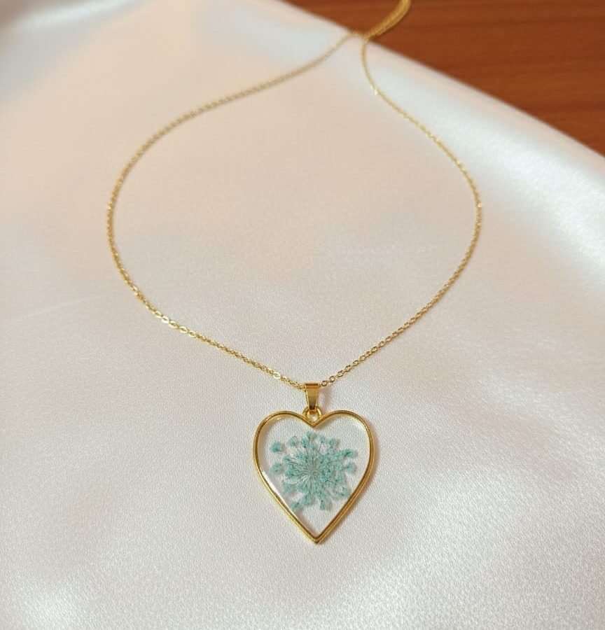 Real Sky Blue Queen Anne’s Breath Heart Pendant with Gold Anti-Tarnish Chain