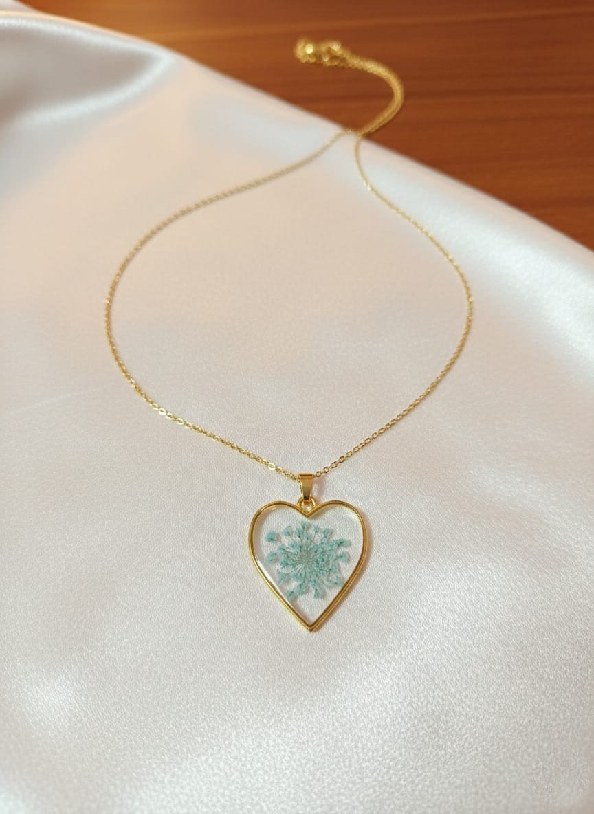 Real Sky Blue Queen Anne’s Breath Heart Pendant with Gold Anti-Tarnish Chain