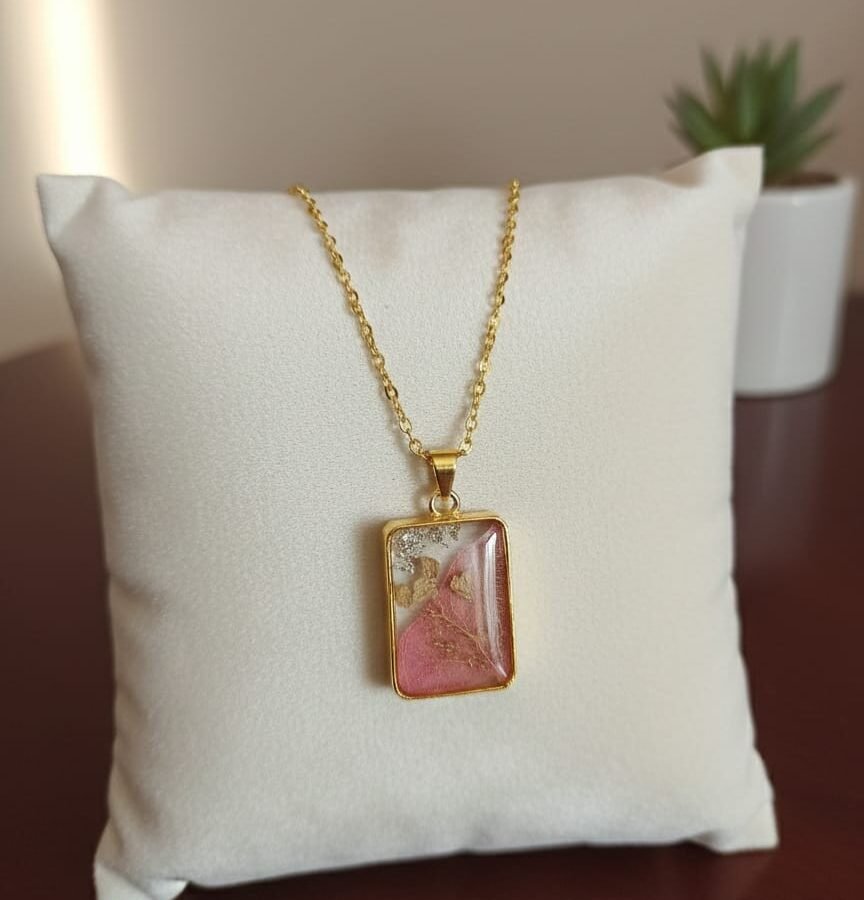 Nature Inspired Pink Flower Resin Pendant Necklace | Gold Jewelry