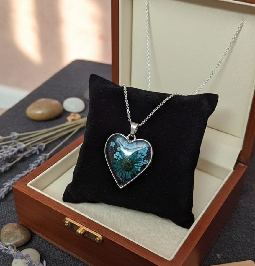 Real Blue Daisy Floral Resin Heart Necklace | Silver Jewelry Set
