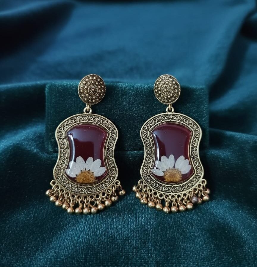 Handmade Resin Earrings with Golden Frame & Floral Design – Trioova Jewelry