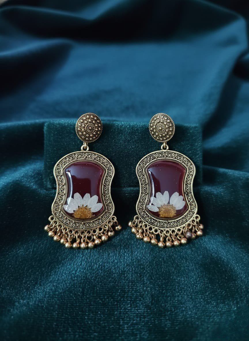 Handmade Resin Earrings with Golden Frame & Floral Design – Trioova Jewelry