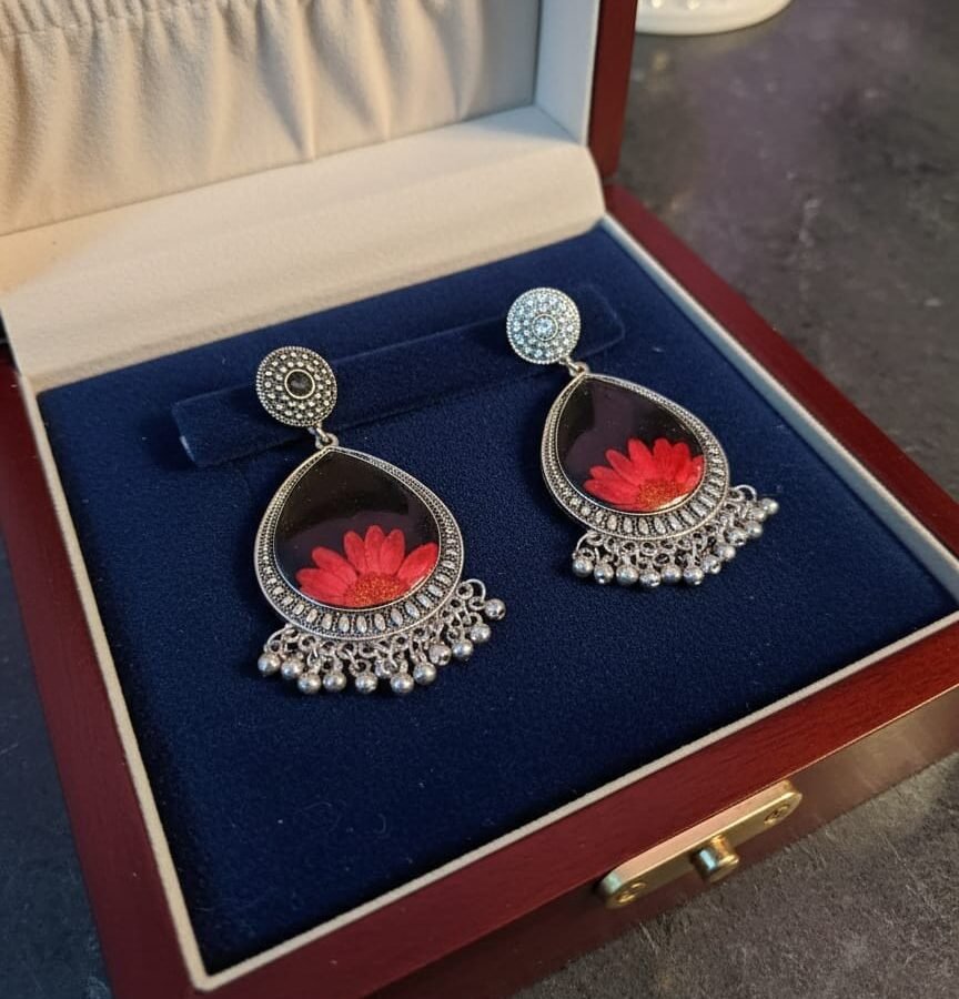 Handmade Red Daisy Resin Water Drop Jhumka Earrings – 2 Layer Silver Finish Real Flower Jewelry