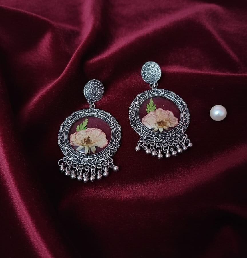 Real Dried Rose Resin Round Vintage Earrings – 2 Layer Silver Floral Statement Jewelry