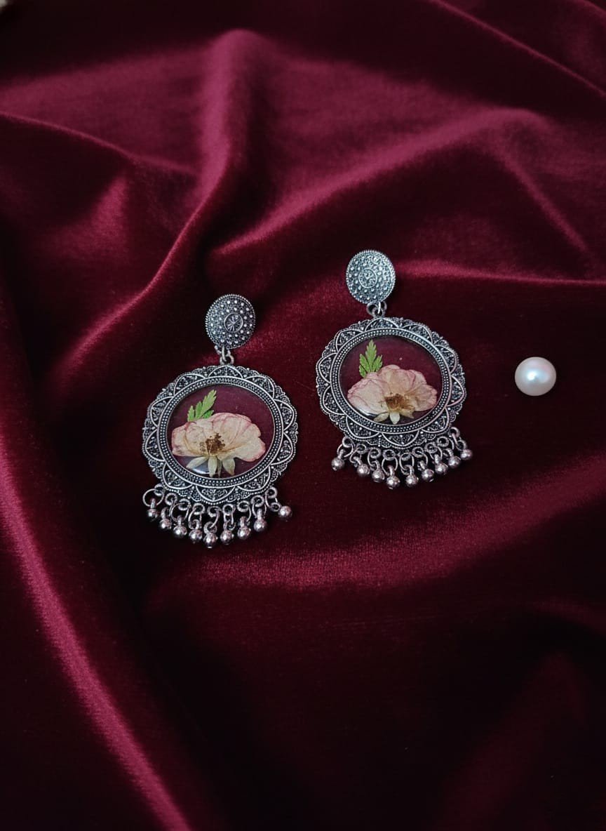Real Dried Rose Resin Round Vintage Earrings – 2 Layer Silver Floral Statement Jewelry